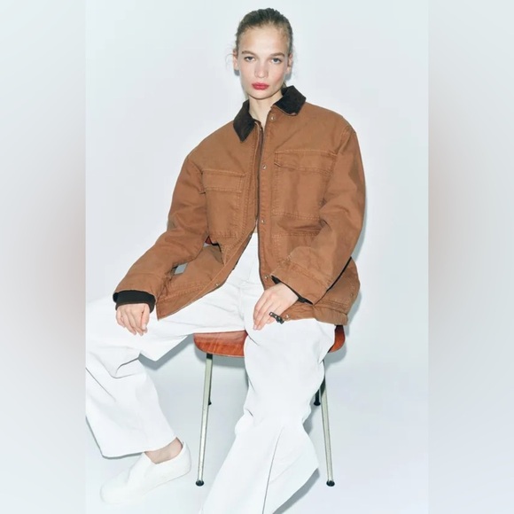 Zara Jackets & Blazers - Zara ZW Contrast Collar Padded Oversized Jacket in Caramel Gorpcore NWT L
